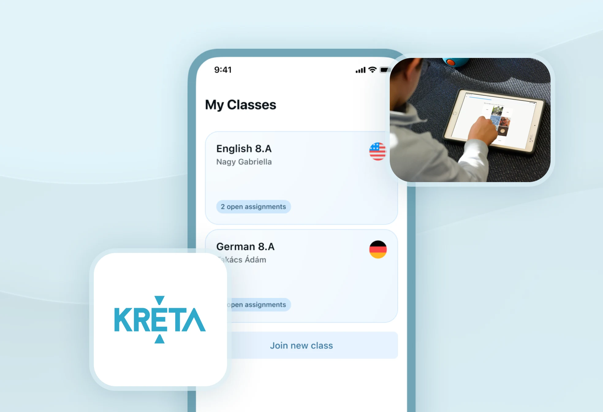 Screenshot dell'integrazione KRÉTA di Xeropan, che mostra uno studente che utilizza un tablet e la funzione "Le mie classi", consentendo agli studenti K-12 di accedere all'intero curriculum.