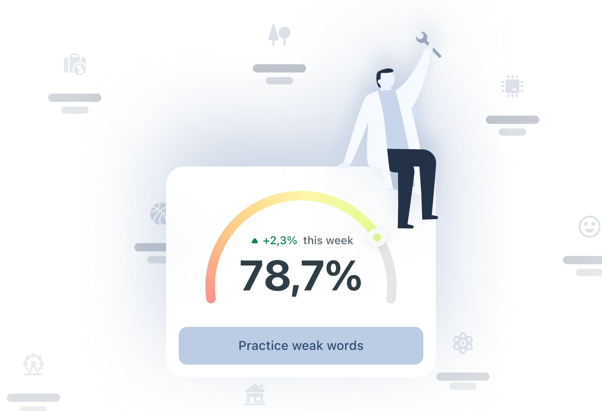 Sezione del vocabolario che mostra oltre 9.000 espressioni comunemente usate in inglese e tedesco, con un tracker di progresso e un'opzione di pratica.