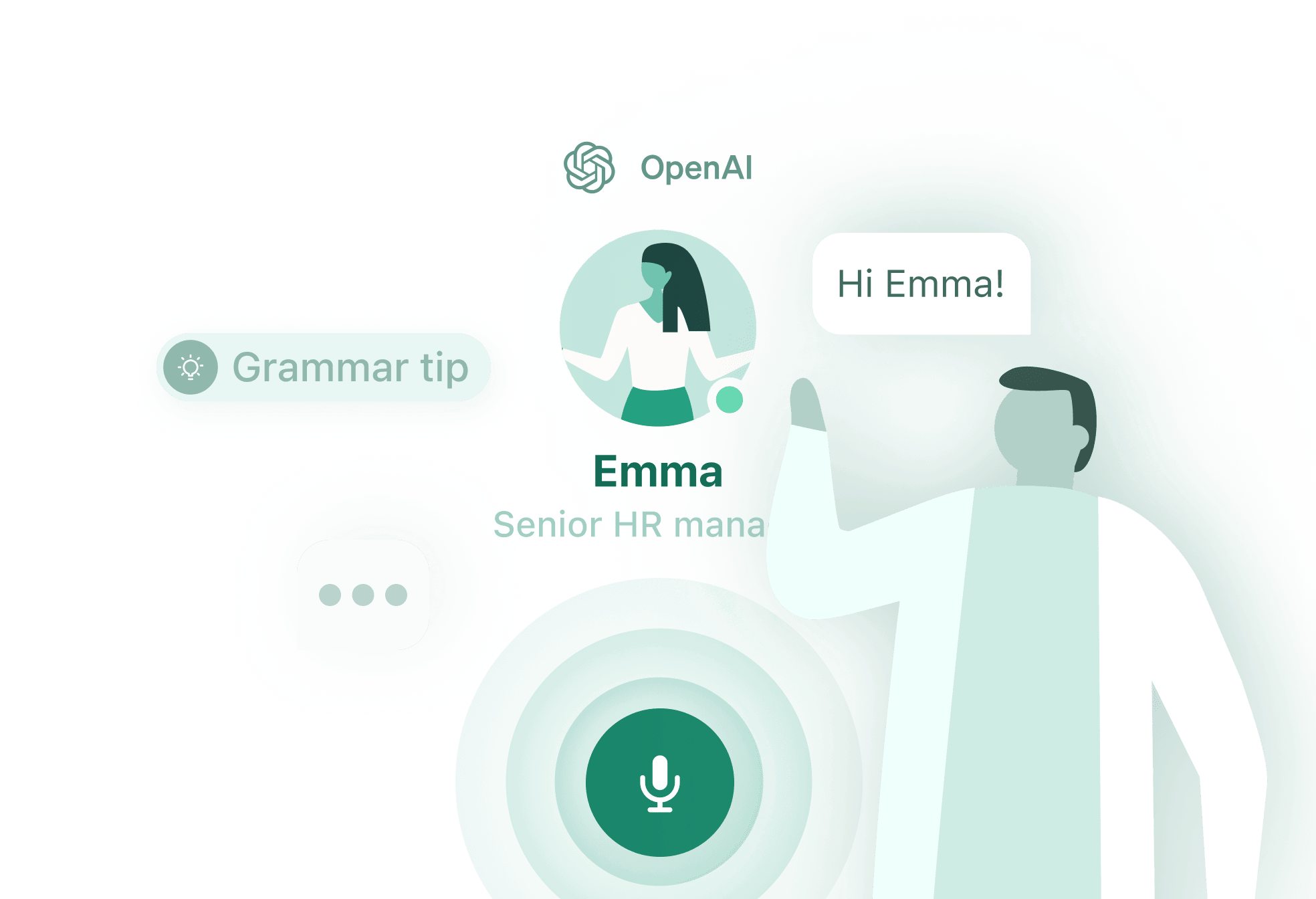 Illustrazione della funzione Conversazioni AI, che mostra un utente che interagisce con un bot AI di nome Emma, progettato per migliorare le competenze linguistiche attraverso scenari di vita reale.